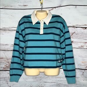 Champion NWT Size L Blue Stripe - Collar Loose Fit Cropped Rugby Tee Knit Top